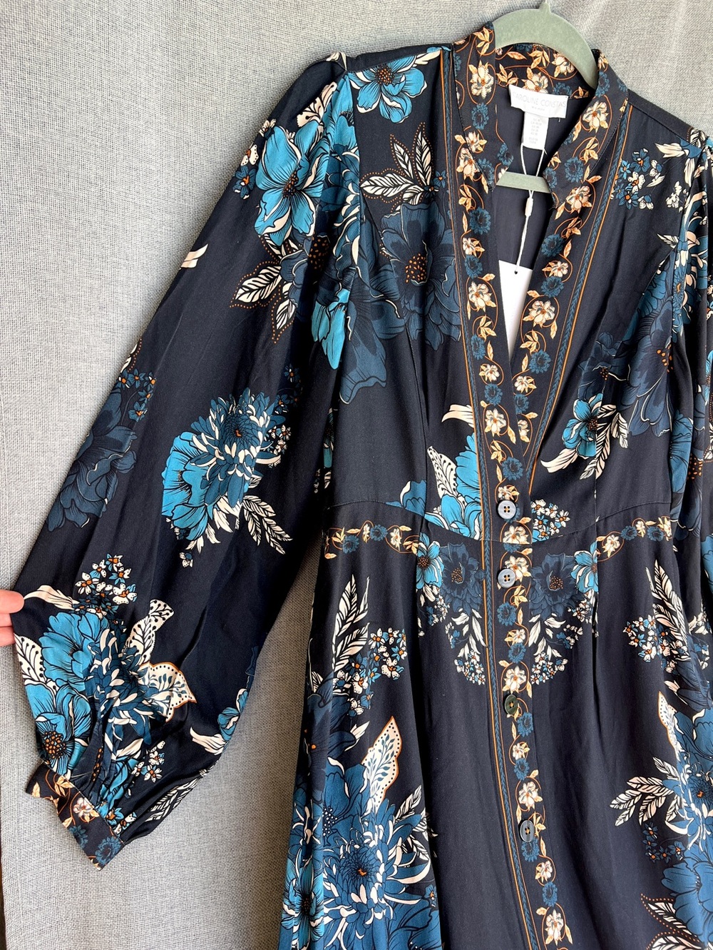 Caroline Constas rayon floral boho long sleeve button down MIDI dress navy - Picture 16 of 16